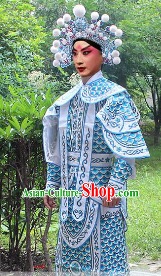 Traditional China Beijing Opera Costume Yang Warrior Robe and Headwear Complete Set, Ancient Chinese Peking Opera Soldier Light Blue Gwanbok Clothing