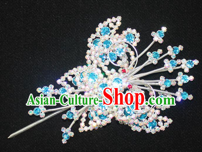 Traditional China Beijing Opera Young Lady Hair Accessories Tassel Step Shake, Ancient Chinese Peking Opera Hua Tan Headwear Diva Blue Crystal Empress Butterfly Hairpins