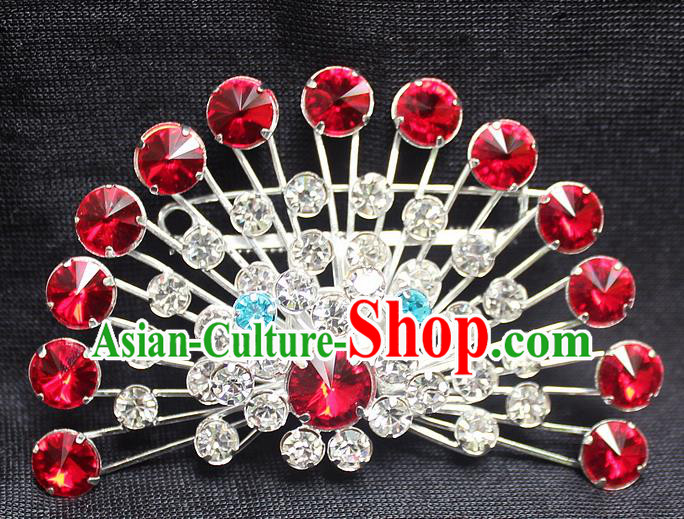 Traditional China Beijing Opera Young Lady Jewelry Accessories Collar Brooch, Ancient Chinese Peking Opera Hua Tan Diva Red Crystal Fanshaped Breastpin
