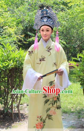 Traditional China Beijing Opera Young Men Costume and Hat, Ancient Chinese Peking Opera Niche Embroidery Yellow Clothing