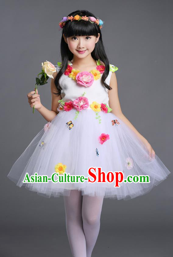 Top Grade Chinese Compere Professional Performance Catwalks Costume, Children Princess Bubble Veil Full Dress Modern Dance White Dress for Girls Kids