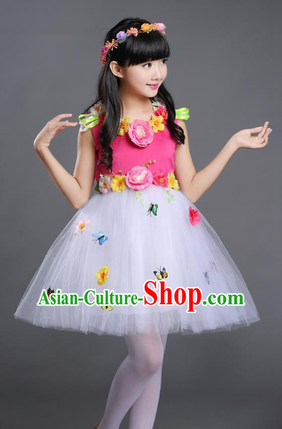 Top Grade Chinese Compere Professional Performance Catwalks Costume, Children Princess Bubble Veil Full Dress Modern Dance Rosy Dress for Girls Kids
