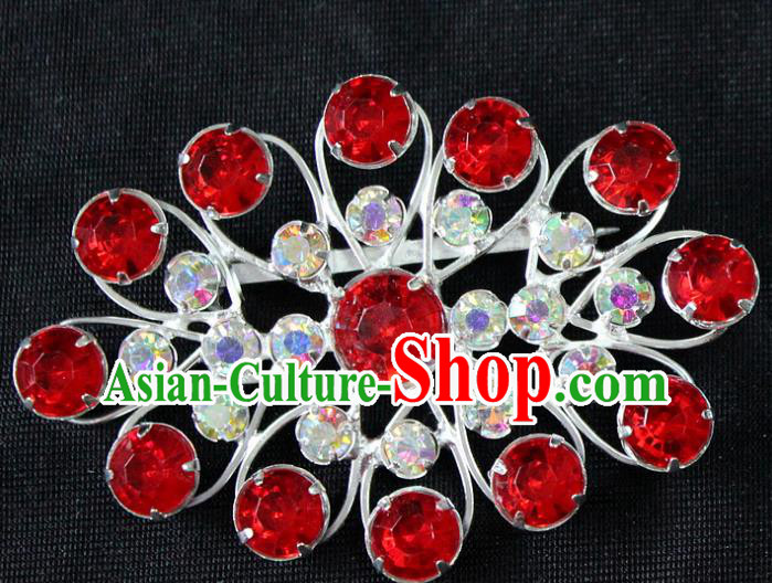 Traditional China Beijing Opera Young Lady Jewelry Accessories Red Crystal Collar Brooch, Ancient Chinese Peking Opera Hua Tan Diva Blue Colorful Breastpin