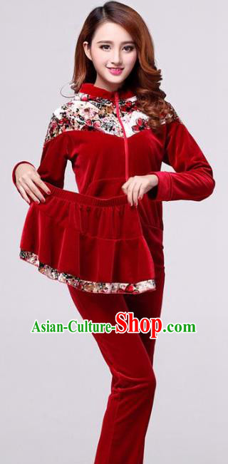Traditional Chinese Classical Dance Yangge Fan Dance Red Pleuche Costume, Folk Dance Drum Dance Clothing Yangko Uniform for Women