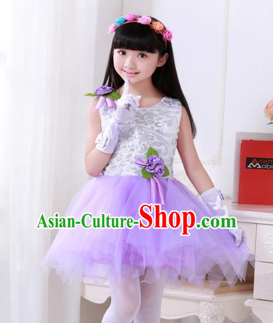 Top Grade Chinese Compere Professional Performance Catwalks Costume, Children Princess Purple Veil Bubble Full Dress Modern Dance Dress for Girls Kids