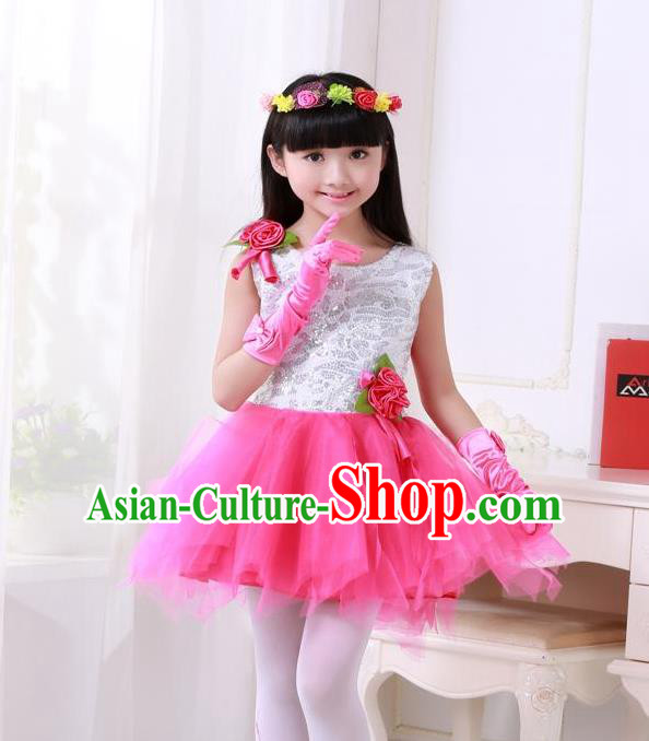 Top Grade Chinese Compere Professional Performance Catwalks Costume, Children Princess Rosy Veil Bubble Full Dress Modern Dance Dress for Girls Kids