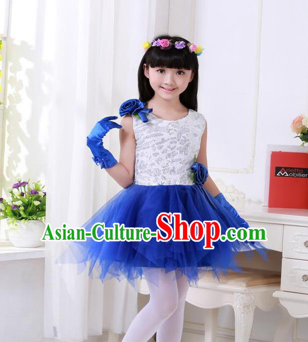 Top Grade Chinese Compere Professional Performance Catwalks Costume, Children Princess Blue Veil Bubble Full Dress Modern Dance Dress for Girls Kids