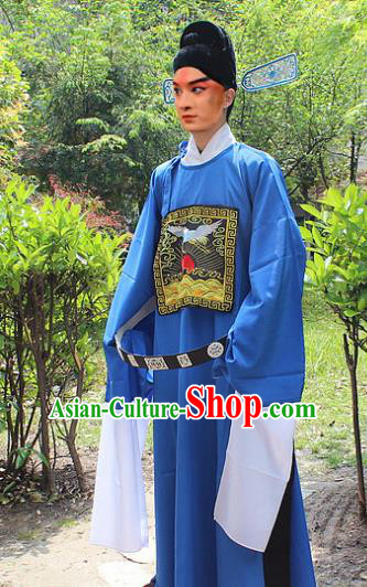 Traditional China Beijing Opera Niche Costume Lang Scholar Blue Embroidered Robe and Headwear, Ancient Chinese Peking Opera Embroidery Magistrate Gwanbok Clothing