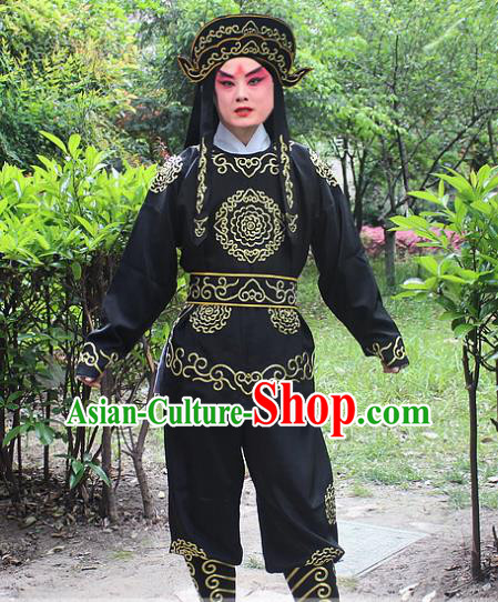 Traditional China Beijing Opera Costume Swordsman Takefu Embroidered Black Uniform and Headwear, Ancient Chinese Peking Opera Embroidery Warrior Clothing