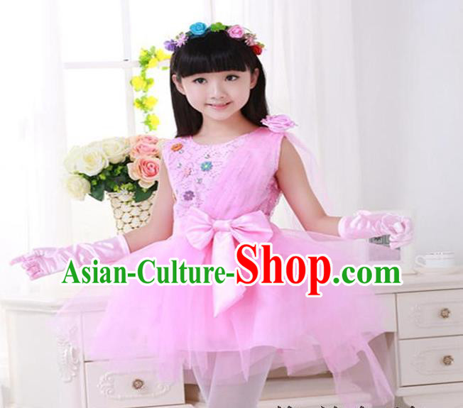 Top Grade Chinese Compere Professional Performance Catwalks Costume, Children Princess Pink Veil Bubble Dress Modern Dance Dress for Girls Kids