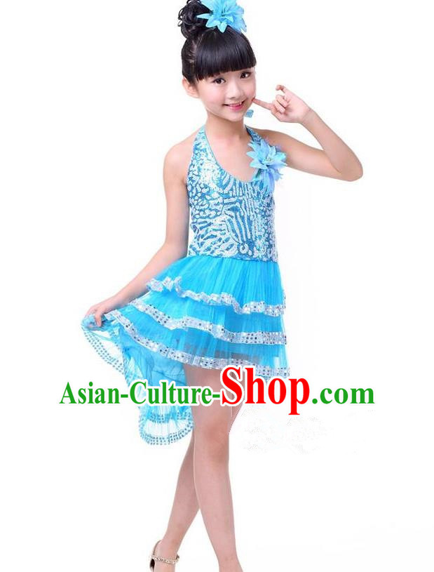 Top Grade Chinese Compere Professional Performance Catwalks Costume, Children Blue Bubble Dress Modern Dance Dress for Girls Kids