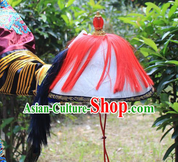 Traditional China Beijing Opera Officer Minister Hat, Ancient Chinese Peking Opera Qing Dynasty Manchu Eunuch Headwear Flowers Ling