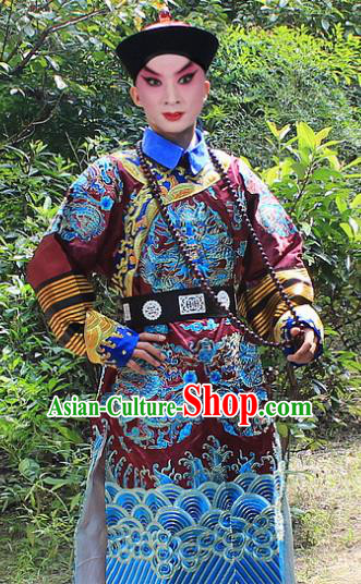 Traditional China Beijing Opera Niche Costume Qing Dynasty Eunuch Embroidered Robe and Hat, Ancient Chinese Peking Opera Manchu Royal Highness Embroidery Purple Gwanbok Clothing