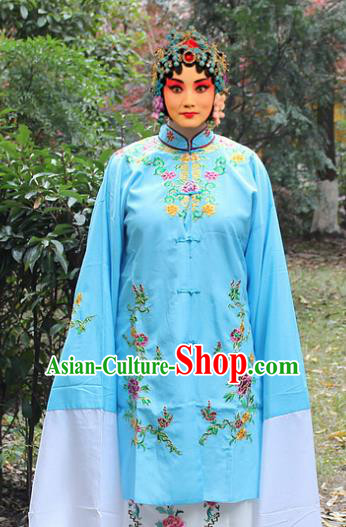 Traditional China Beijing Opera Young Lady Hua Tan Costume Blue Embroidered Cape, Ancient Chinese Peking Opera Female Diva Embroidery Dress Clothing