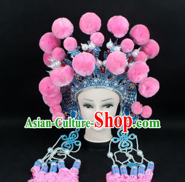 Traditional China Beijing Opera Swordplay Hair Accessories Pink Venonat Hat, Ancient Chinese Peking Opera Blues Headwear Phoenix Coronet