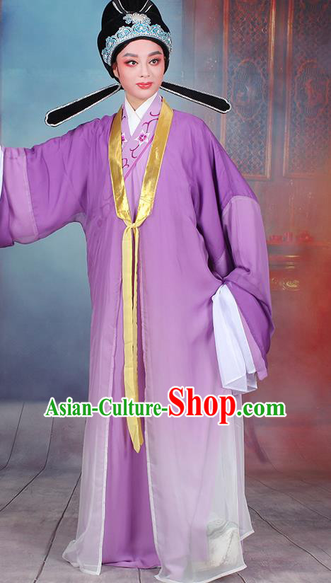 Traditional China Beijing Opera Niche Costume Gifted Scholar Embroidered Robe and Headwear, Ancient Chinese Peking Opera Embroidery Purple Clothing