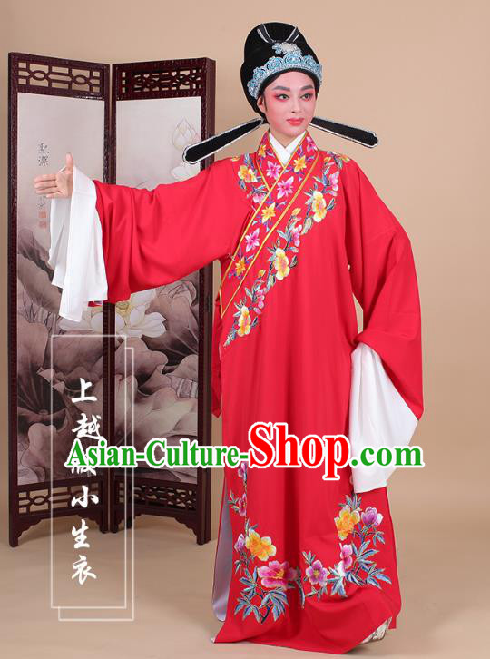 Traditional China Beijing Opera Niche Costume Lang Scholar Embroidered Red Robe and Headwear, Ancient Chinese Peking Opera Embroidery Clothing