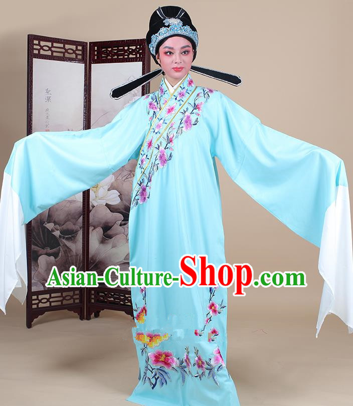 Traditional China Beijing Opera Niche Costume Lang Scholar Embroidered Blue Robe and Headwear, Ancient Chinese Peking Opera Embroidery Clothing