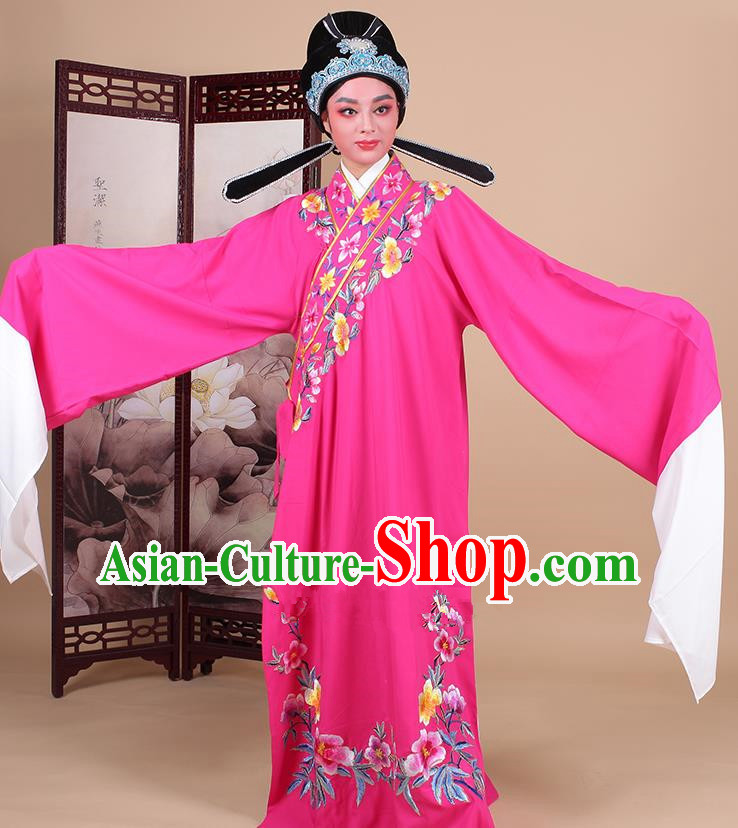 Traditional China Beijing Opera Niche Costume Lang Scholar Embroidered Peach Pink Robe and Headwear, Ancient Chinese Peking Opera Embroidery Clothing