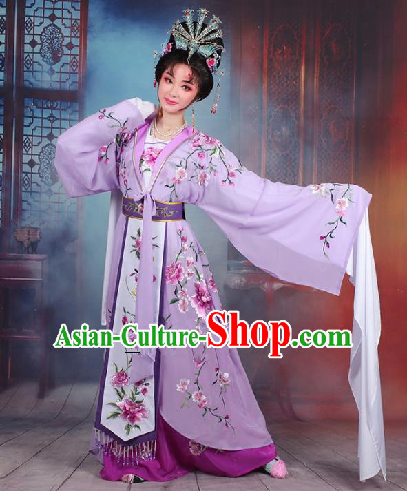 Traditional China Beijing Opera Young Lady Hua Tan Costume Purple Embroidered Cape, Ancient Chinese Peking Opera Diva Embroidery Peony Water Sleeve Dress Clothing