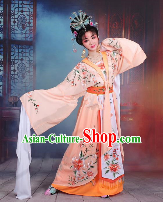 Traditional China Beijing Opera Young Lady Hua Tan Costume Orange Embroidered Cape, Ancient Chinese Peking Opera Diva Embroidery Peony Water Sleeve Dress Clothing