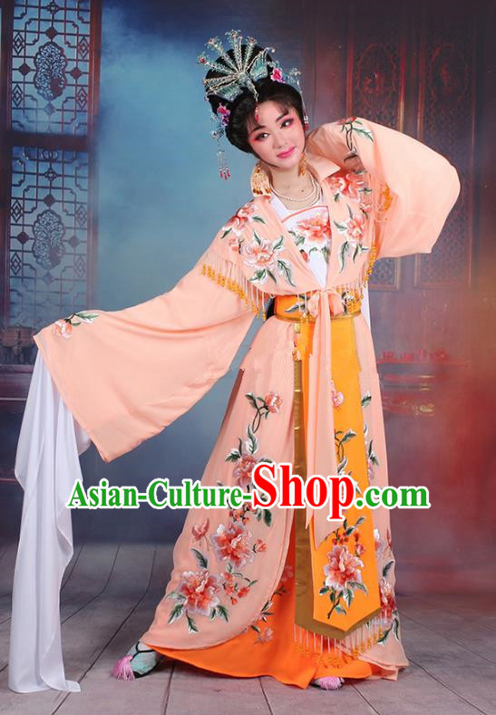 Traditional China Beijing Opera Young Lady Hua Tan Costume Imperial Concubine Orange Embroidered Cape, Ancient Chinese Peking Opera Diva Embroidery Peony Dress Clothing