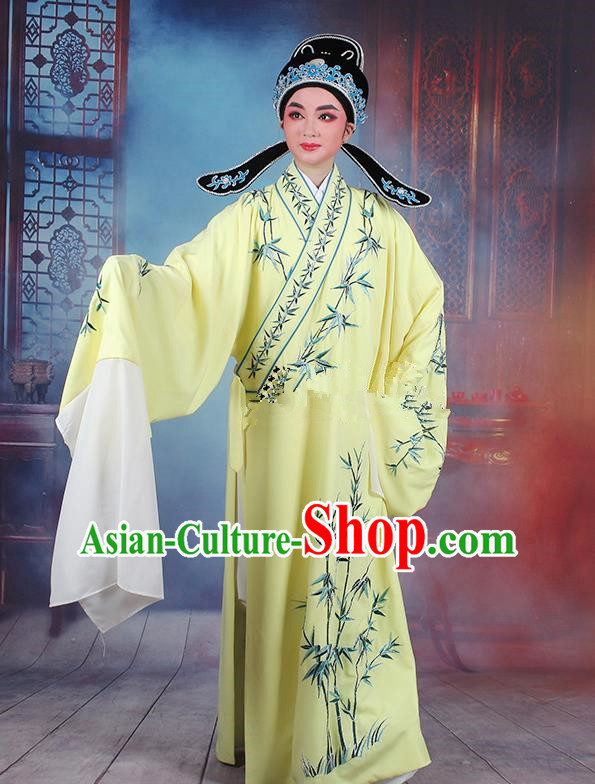 Traditional China Beijing Opera Niche Costume Gifted Scholar Yellow Embroidered Robe and Headwear, Ancient Chinese Peking Opera Embroidery Bamboo Clothing