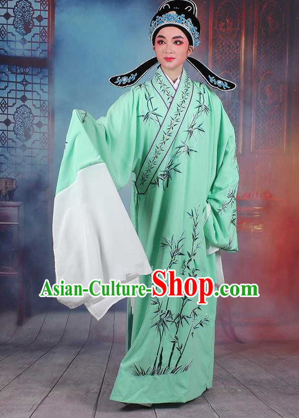 Traditional China Beijing Opera Niche Costume Gifted Scholar Green Embroidered Robe and Headwear, Ancient Chinese Peking Opera Embroidery Bamboo Clothing