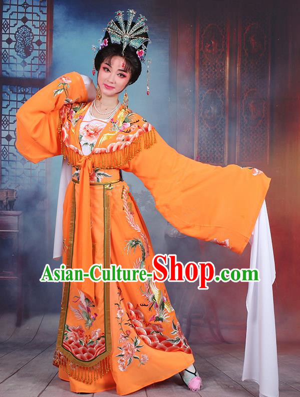 Traditional China Beijing Opera Young Lady Hua Tan Costume Diva Orange Embroidered Cape, Ancient Chinese Peking Opera Imperial Concubine Embroidery Dress Clothing