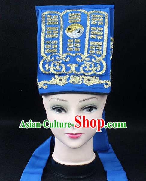 Traditional China Beijing Opera Hair Accessories Lao-Sheng Hat, Ancient Chinese Peking Opera Blue Embroidery Gossip Hat