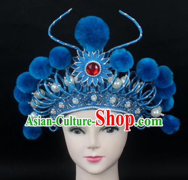 Traditional China Beijing Opera Swordplay Hair Accessories Blue Venonat Hat, Ancient Chinese Peking Opera Blues Headwear