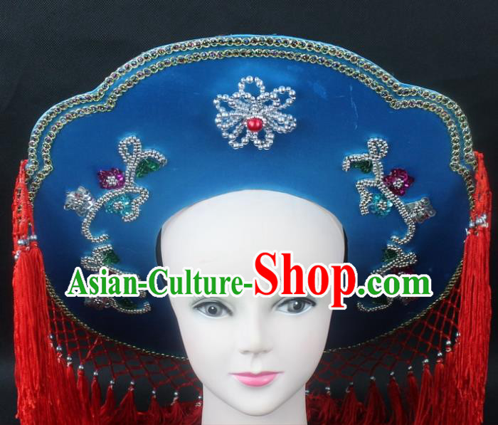 Traditional China Beijing Opera Hair Accessories Fisher-Woman Red Veil Hat, Ancient Chinese Peking Opera Swordplay Helmet Headwear