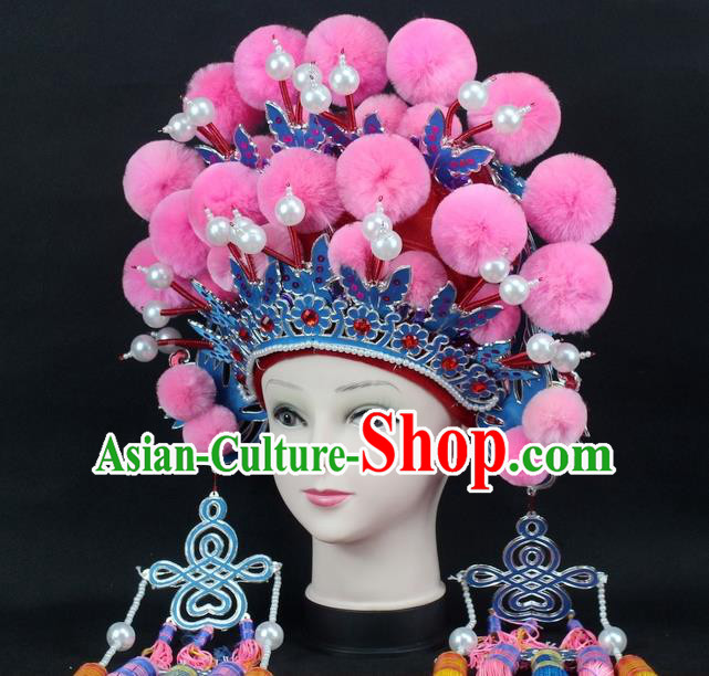 Traditional China Beijing Opera Young Lady Hair Accessories Female General Helmet, Ancient Chinese Peking Opera Swordplay Pink Venonat Headwear