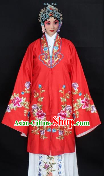 Traditional China Beijing Opera Young Lady Hua Tan Costume Red Embroidered Cape, Ancient Chinese Peking Opera Female Diva Embroidery Peony Dress Clothing