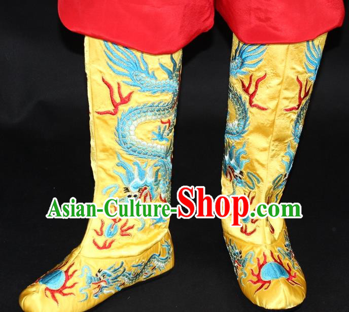 Traditional China Beijing Opera Qing Dynasty Emperor Embroidered Shoes, Ancient Chinese Peking Opera Embroidery Dragons Yellow Boots