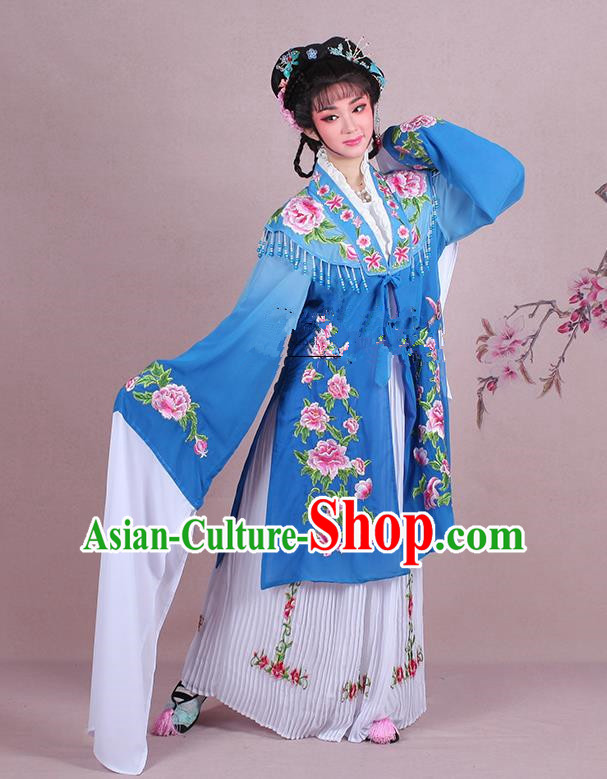 Traditional China Beijing Opera Young Lady Hua Tan Costume Embroidered Blue Shawl, Ancient Chinese Peking Opera Diva Embroidery Dress Clothing