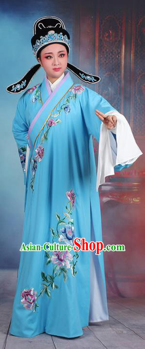 Traditional China Beijing Opera Niche Costume Gifted Scholar Deep Blue Embroidered Robe and Hat, Ancient Chinese Peking Opera Young Men Embroidery Peony Clothing
