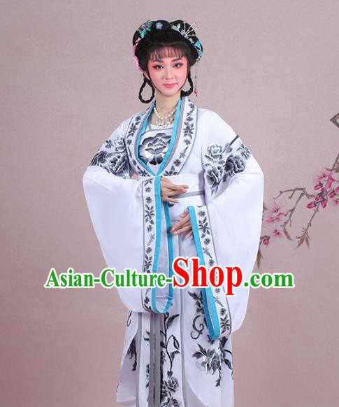 Traditional China Beijing Opera Palace Lady Costume Imperial Princess Embroidered White Dress, Ancient Chinese Peking Opera Diva Hua Tan Embroidery Clothing