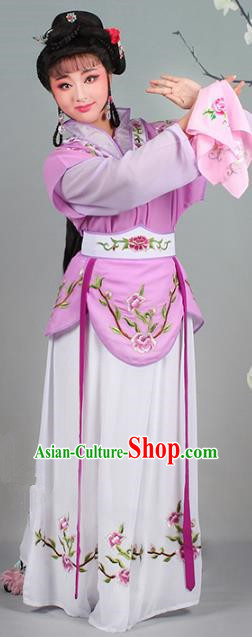 Traditional China Beijing Opera Young Lady Costume Servant Girl Embroidered Purple Dress, Ancient Chinese Peking Opera Diva Jordan-Sitting Embroidery Clothing
