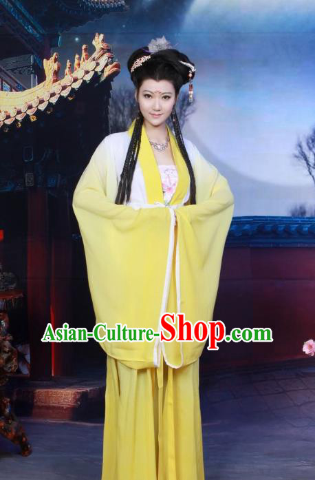 Traditional Chinese Tang Dynasty Imperial Princess Costume, Elegant Hanfu Clothing Chinese Ancient Palace Lady Fairy Yellow Dress Clothing