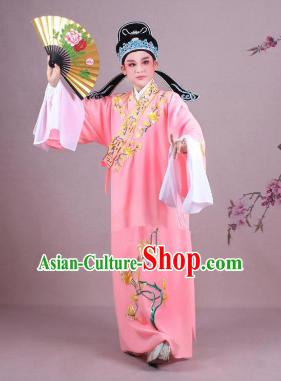 Traditional China Beijing Opera Niche Costume Gifted Scholar Watermelon Red Embroidered Robe and Hat, Ancient Chinese Peking Opera Young Men Embroidery Mangnolia Clothing