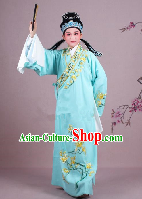 Traditional China Beijing Opera Niche Costume Gifted Scholar Light Blue Embroidered Robe and Hat, Ancient Chinese Peking Opera Young Men Embroidery Mangnolia Clothing