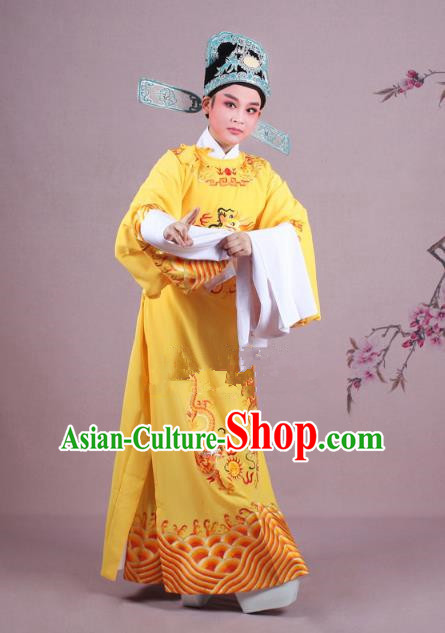 Traditional China Beijing Opera Niche Costume Lang Scholar Yellow Embroidered Robe and Hat, Ancient Chinese Peking Opera Magistrate Embroidery Dragons Gwanbok Clothing
