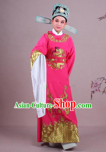Traditional China Beijing Opera Niche Costume Lang Scholar Rosy Embroidered Robe and Hat, Ancient Chinese Peking Opera Emperor Son-in-law Embroidery Gwanbok Clothing