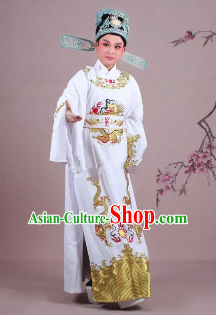 Traditional China Beijing Opera Niche Costume Lang Scholar White Embroidered Robe and Hat, Ancient Chinese Peking Opera Emperor Son-in-law Embroidery Gwanbok Clothing