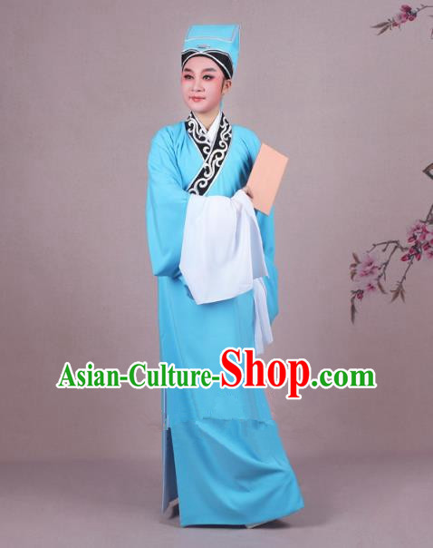 Traditional China Beijing Opera Niche Costume Scholar Embroidered Blue Robe and Headwear, Ancient Chinese Peking Opera Young Men Clothing