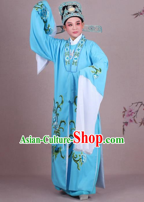 Traditional China Beijing Opera Niche Costume Gifted Scholar Blue Embroidered Cape and Hat, Ancient Chinese Peking Opera Young Men Embroidery Peony Clothing