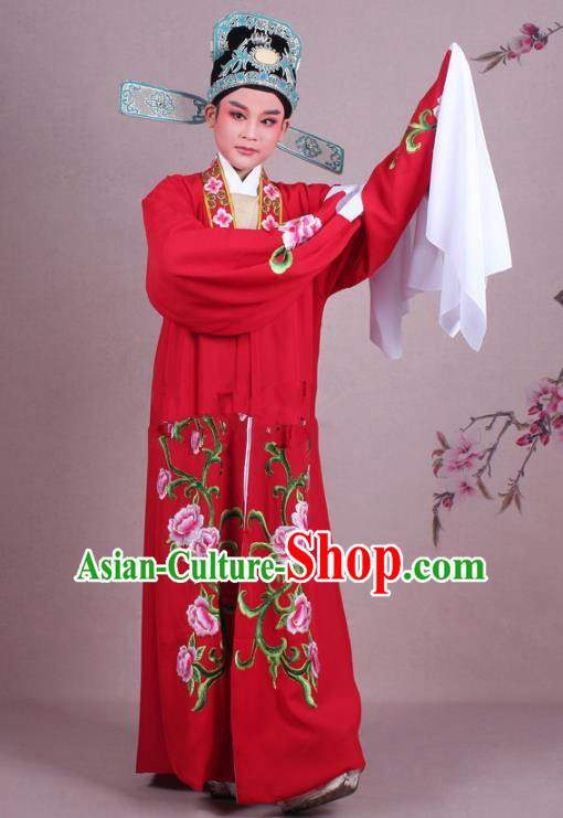 Traditional China Beijing Opera Niche Costume Gifted Scholar Red Embroidered Cape and Hat, Ancient Chinese Peking Opera Young Men Embroidery Peony Clothing