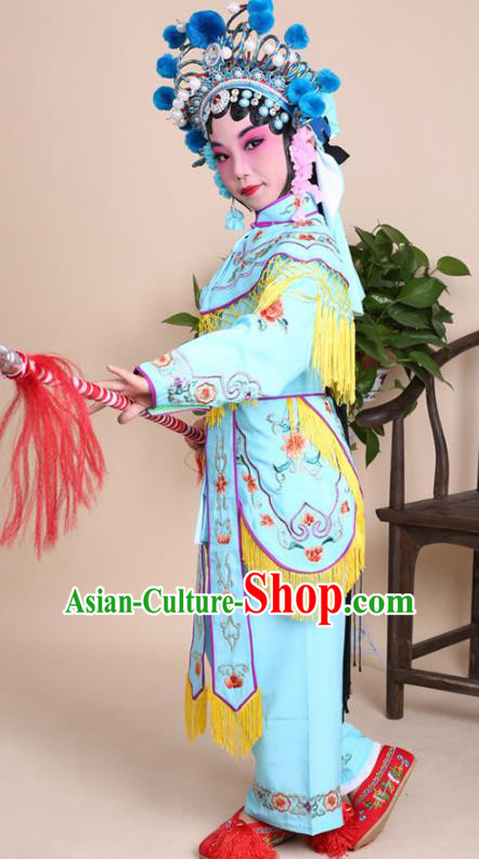 Traditional China Beijing Opera Swordplay Costume Female Warriors Blue Embroidered Robe with Cloak, Ancient Chinese Peking Opera Blues Embroidery Clothing for Kids