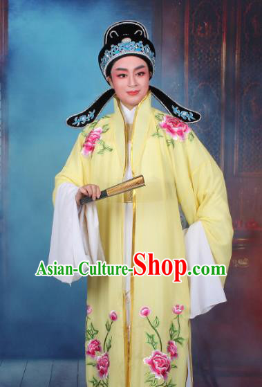 Top Grade Professional Beijing Opera Niche Costume Scholar Yellow Embroidered Cape, Traditional Ancient Chinese Peking Opera Embroidery Young Men Clothing